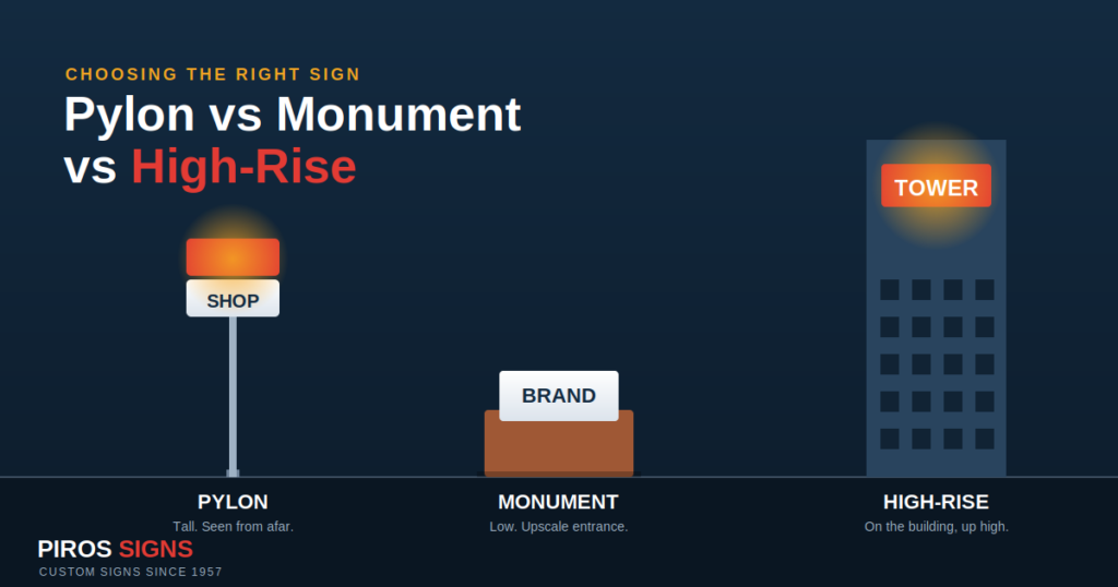Illustration comparing a pylon sign, a monument sign, and a high-rise building sign side by side