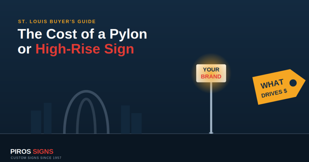 Illustration of an illuminated pylon sign and a price tag with a St. Louis skyline and Gateway Arch