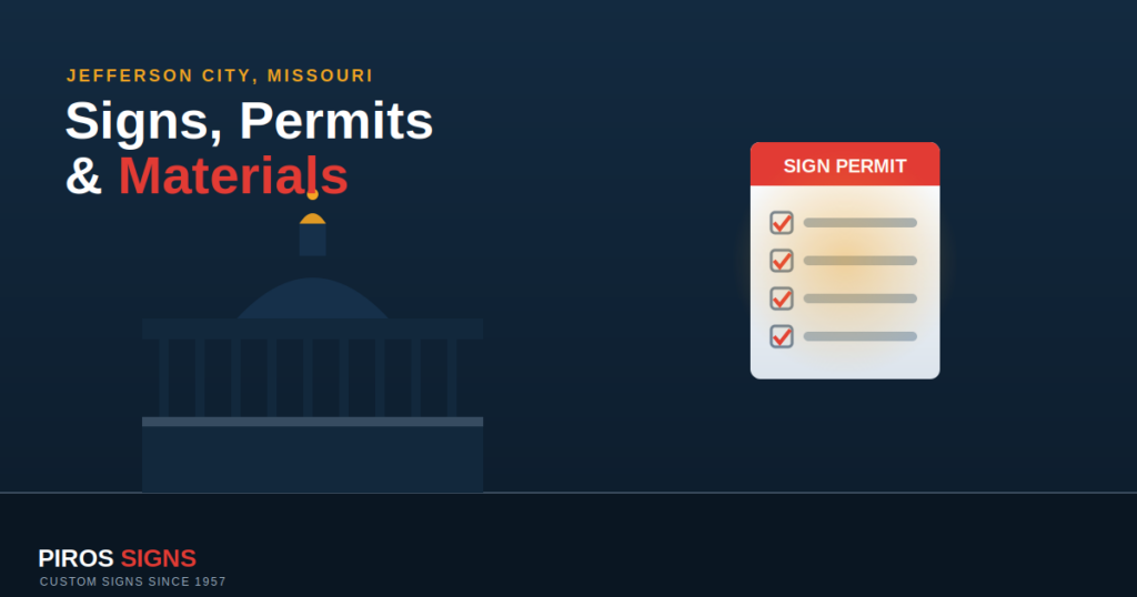 Illustration of the Missouri State Capitol in Jefferson City beside a sign permit checklist